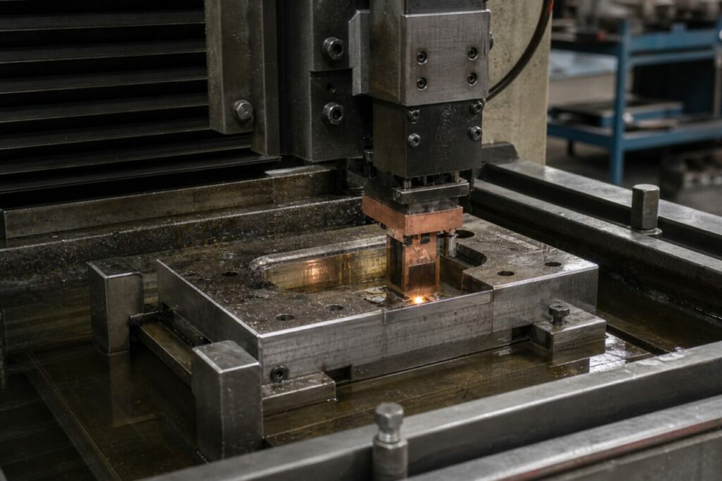 Machine d’électroérosion par enfonçage usinant une matrice de forge — détail d’usinage