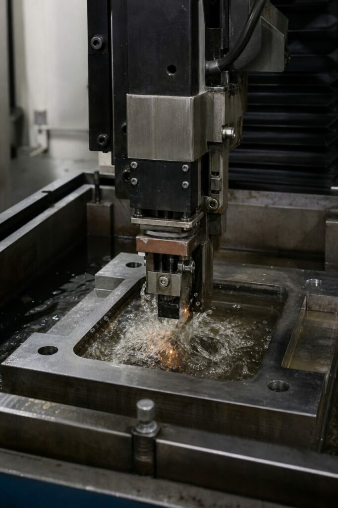 Machine d’électroérosion par enfonçage usinant une matrice de forge — gros plan technique