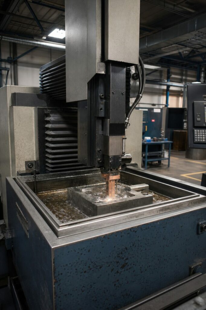 Machine d’électroérosion par enfonçage usinant une matrice de forge — perspective verticale