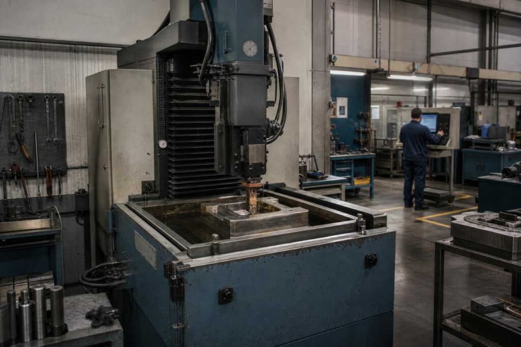 Machine d’électroérosion par enfonçage usinant une matrice de forge — vue d’atelier