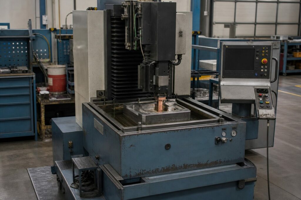 Machine d’électroérosion par enfonçage usinant une matrice de forge — vue d’ensemble