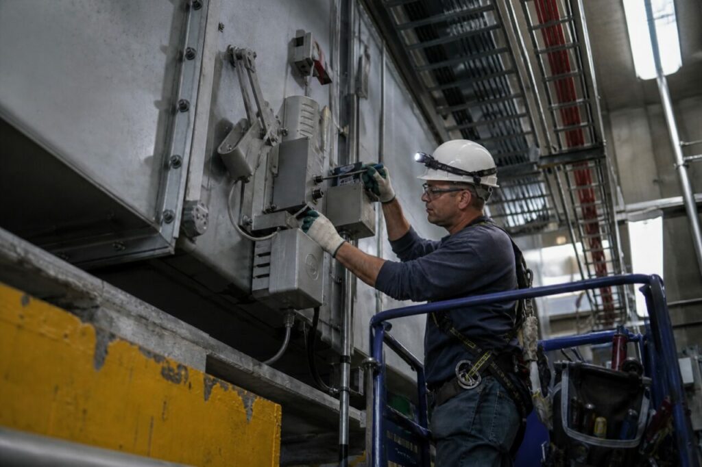 Fire-damper maintenance in a technical gallery — with helmeted technician and harness