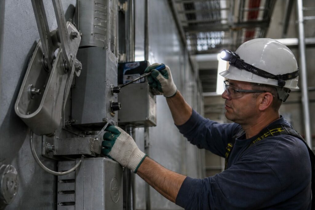 Fire-damper maintenance in a technical gallery — at the actuator with the maintenance tool