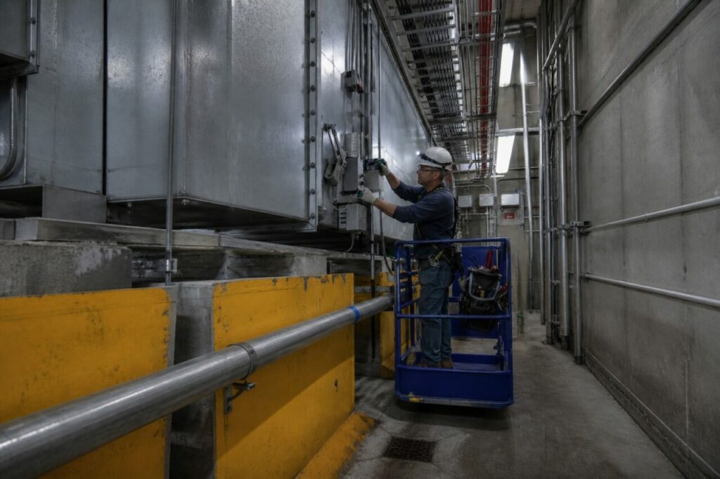 Fire-damper maintenance in a technical gallery — with metal damper inside the gallery
