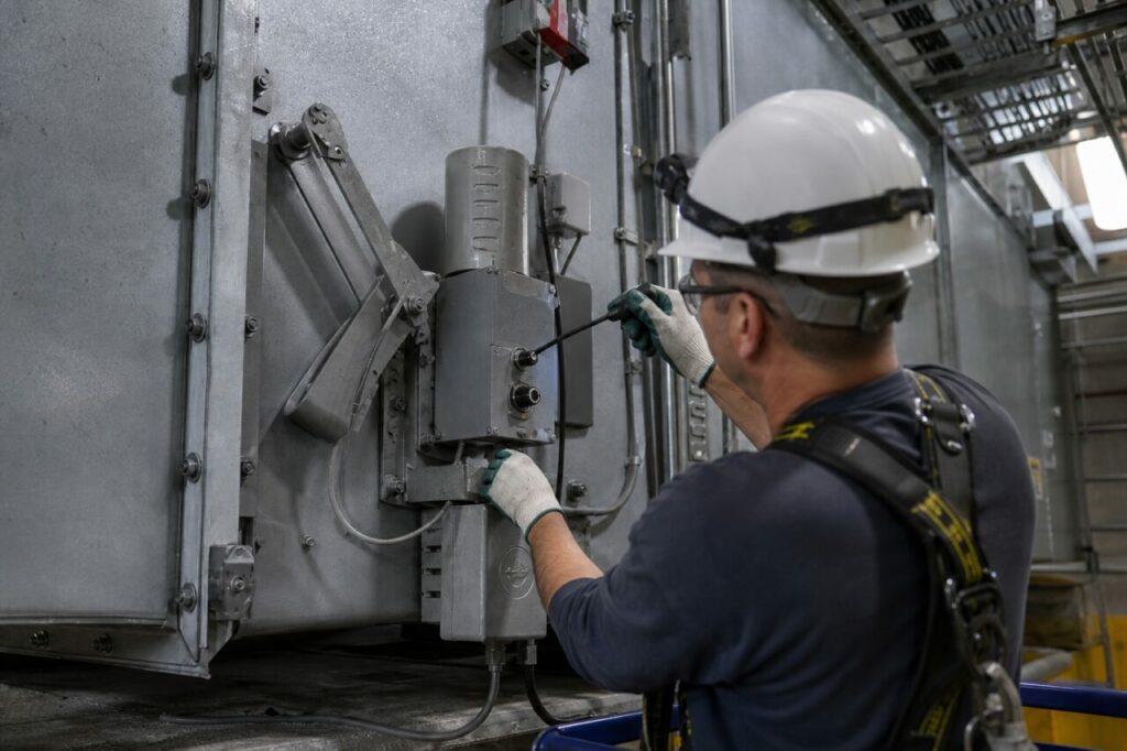 Fire-damper maintenance in a technical gallery — with work on the damper control