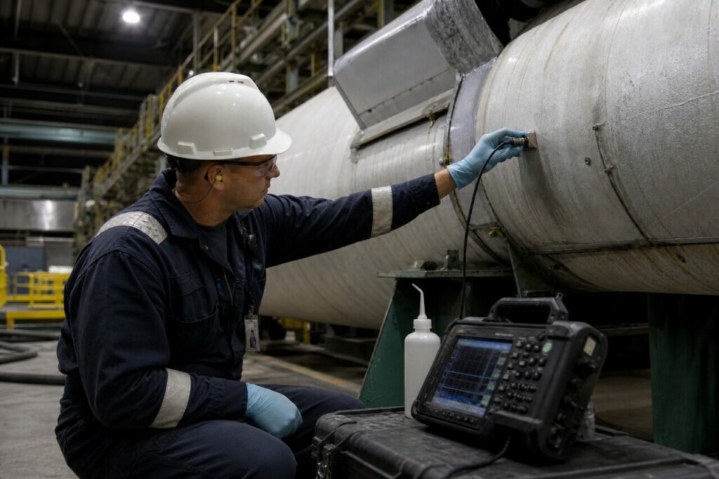 Maintenance nucléaire, mesure ultrasonore de tuyauterie — Sonde ultrasonore sur tuyauterie isolée