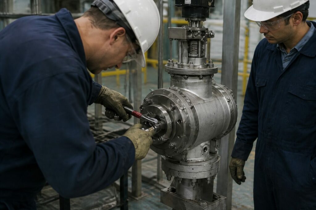 Clé dynamométrique sur le raccord d’une maquette de tuyauterie nucléaire