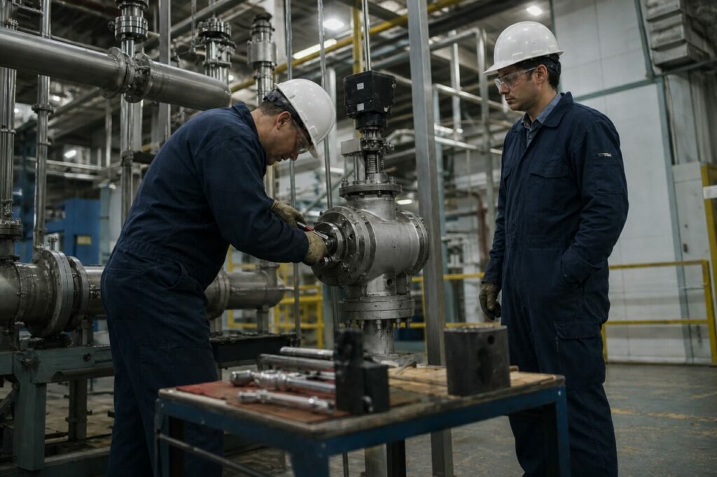 Deux techniciens en formation sur une vanne de tuyauterie nucléaire