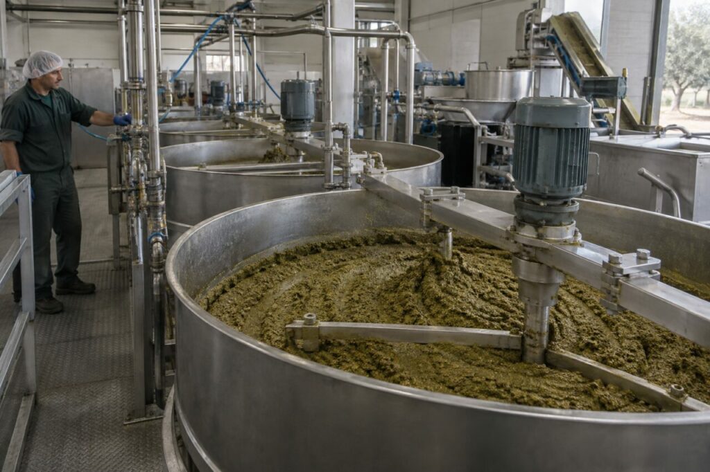 Malaxage de pâte d’olive dans des cuves inox