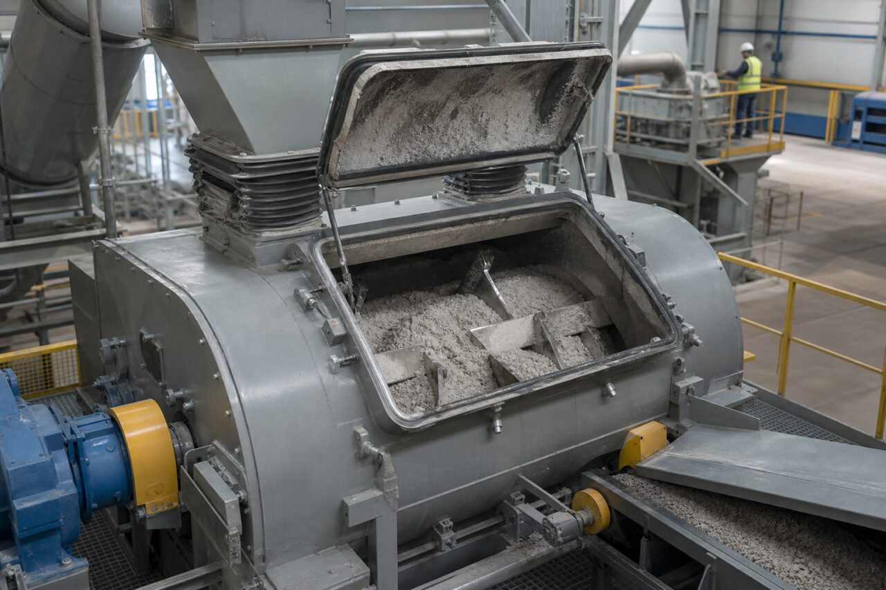 Homogeen mengen van vliegas in een industriële peddelmenger voor een geopolymeervoorloper