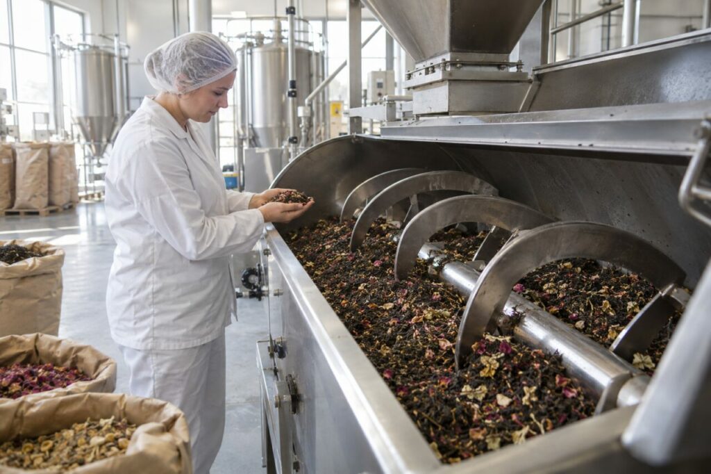 Après brassage, thé noir, pétales et fruits séchés emplissent la cuve inox