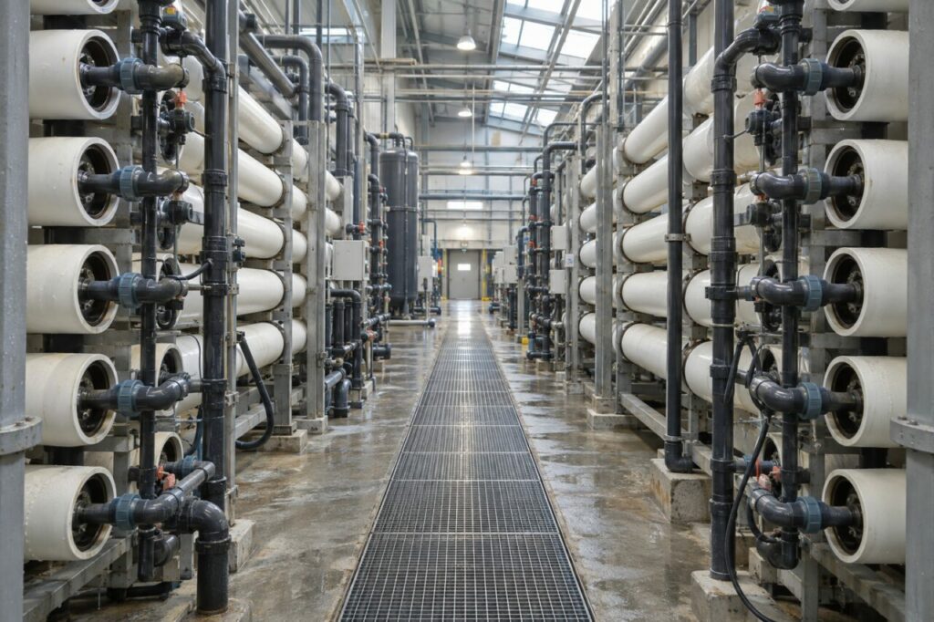 Rangées de membranes blanches et conduites noires dans un hall de filtration