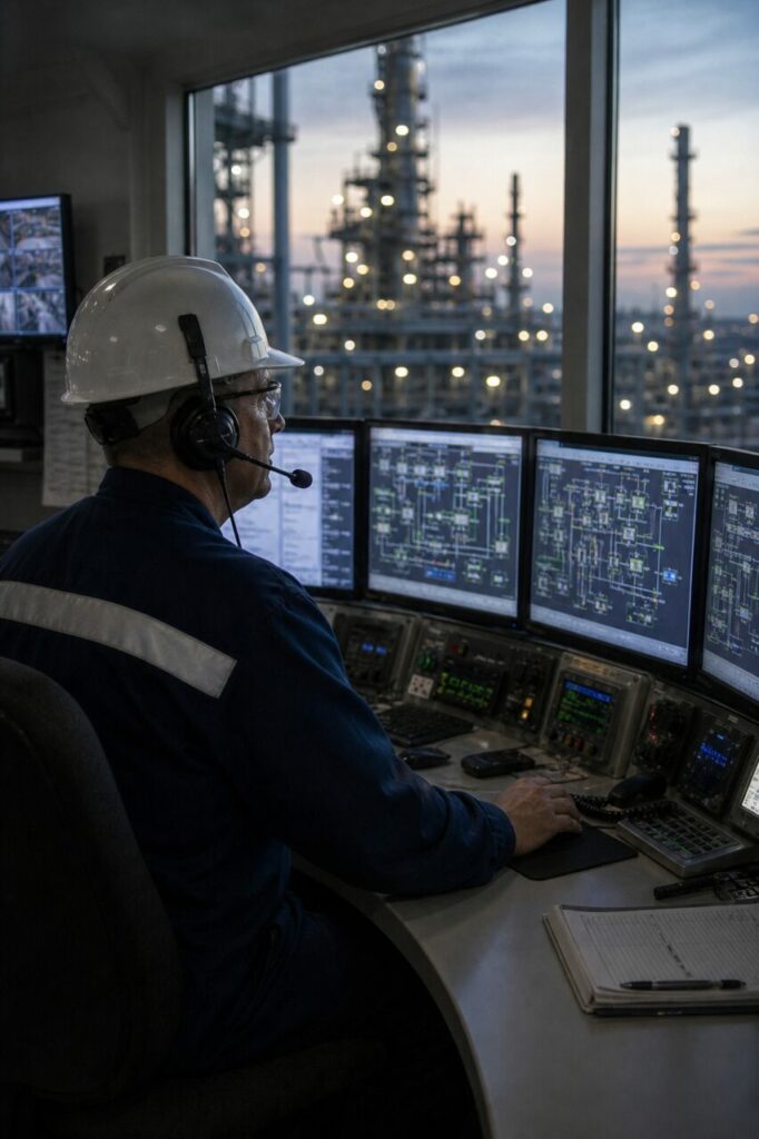 Membre du personnel devant les écrans d’une salle de contrôle industrielle