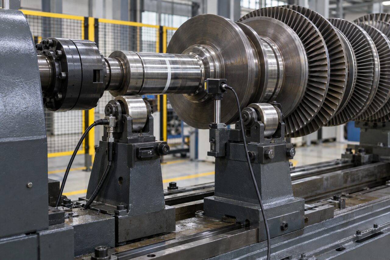 Entre les supports du banc, mesure d’équilibrage dynamique sur un arbre de turbine