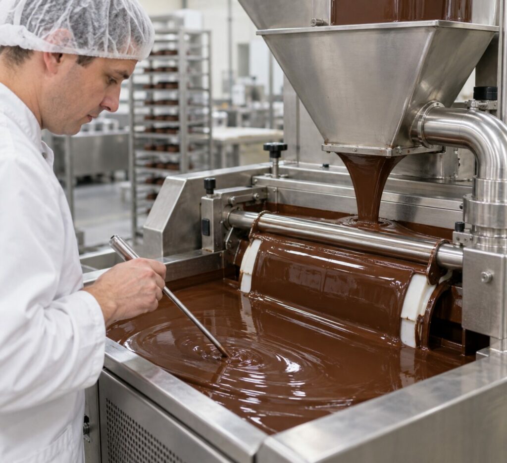 Mesure à la sonde pendant le tempérage industriel du chocolat sous une trémie