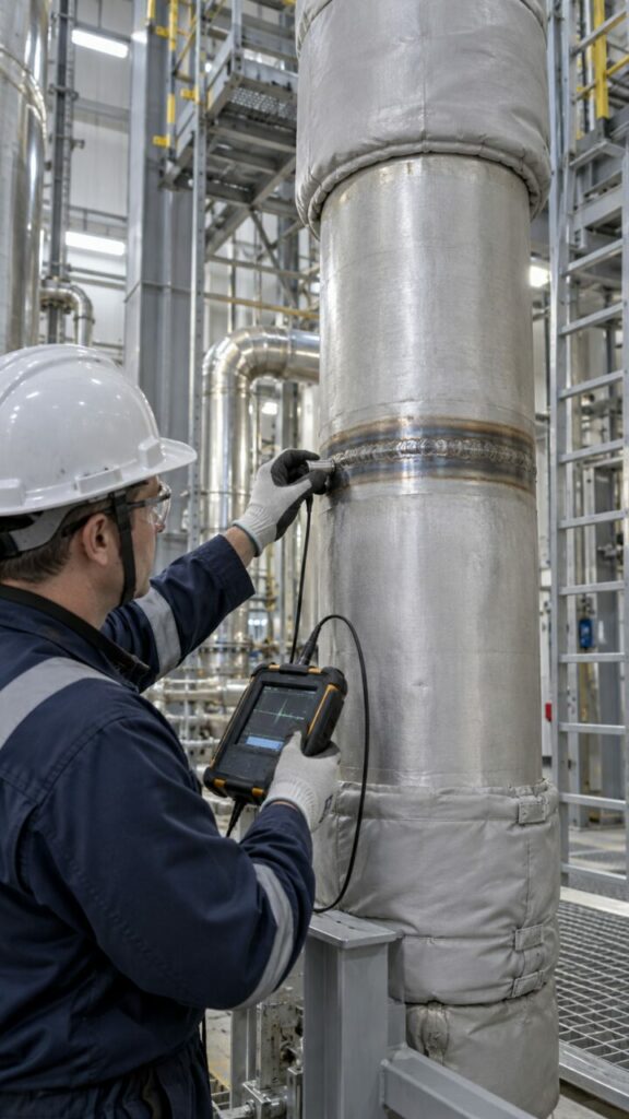 Mesure ultrasonore sur soudure de tuyauterie dans une galerie nucléaire