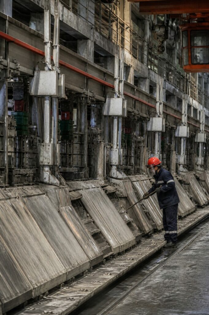 Métal en fusion dans les cuves — électrolyse industrielle de l’aluminium