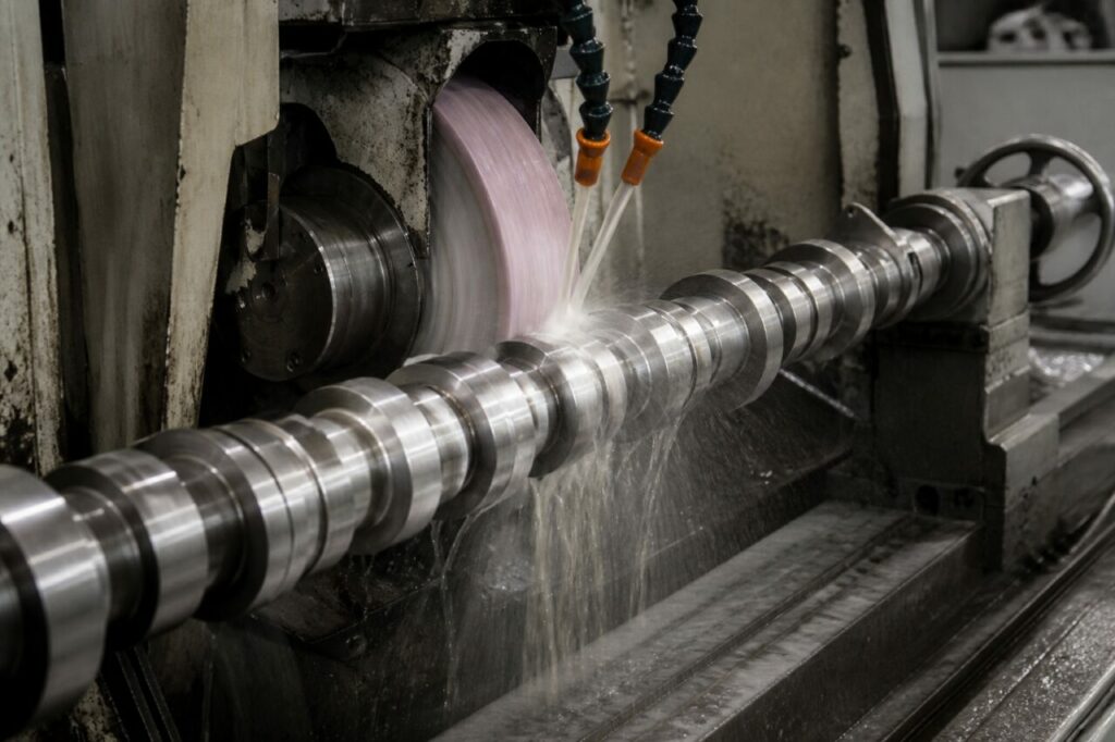 Grinding wheel contacting a bright steel cam lobe