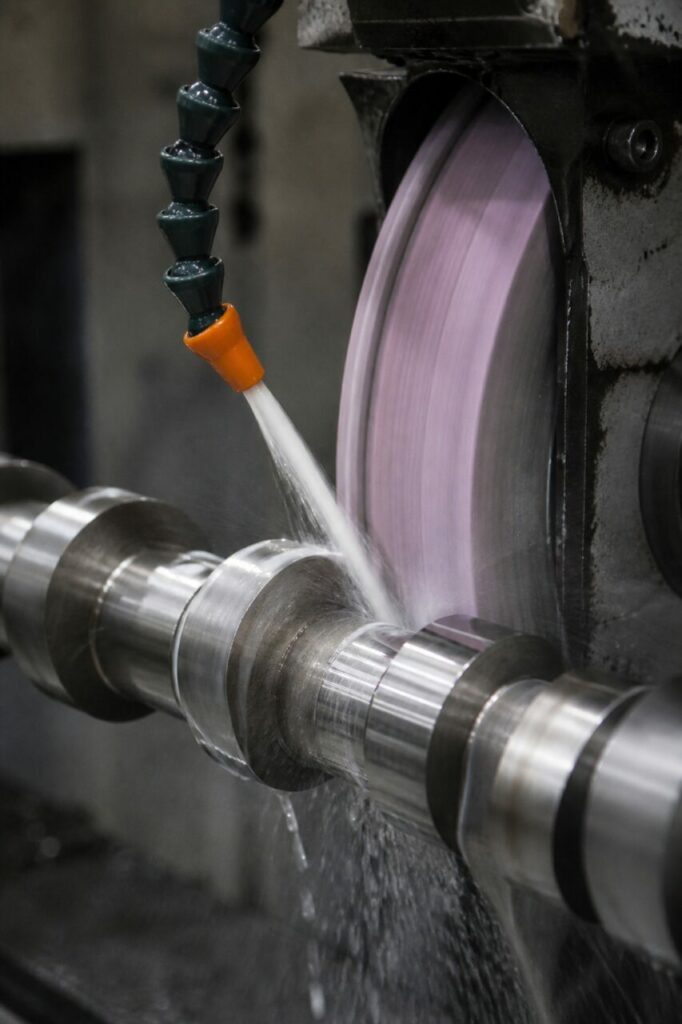 Grinding wheel and coolant on a cam lobe in a grinding close-up
