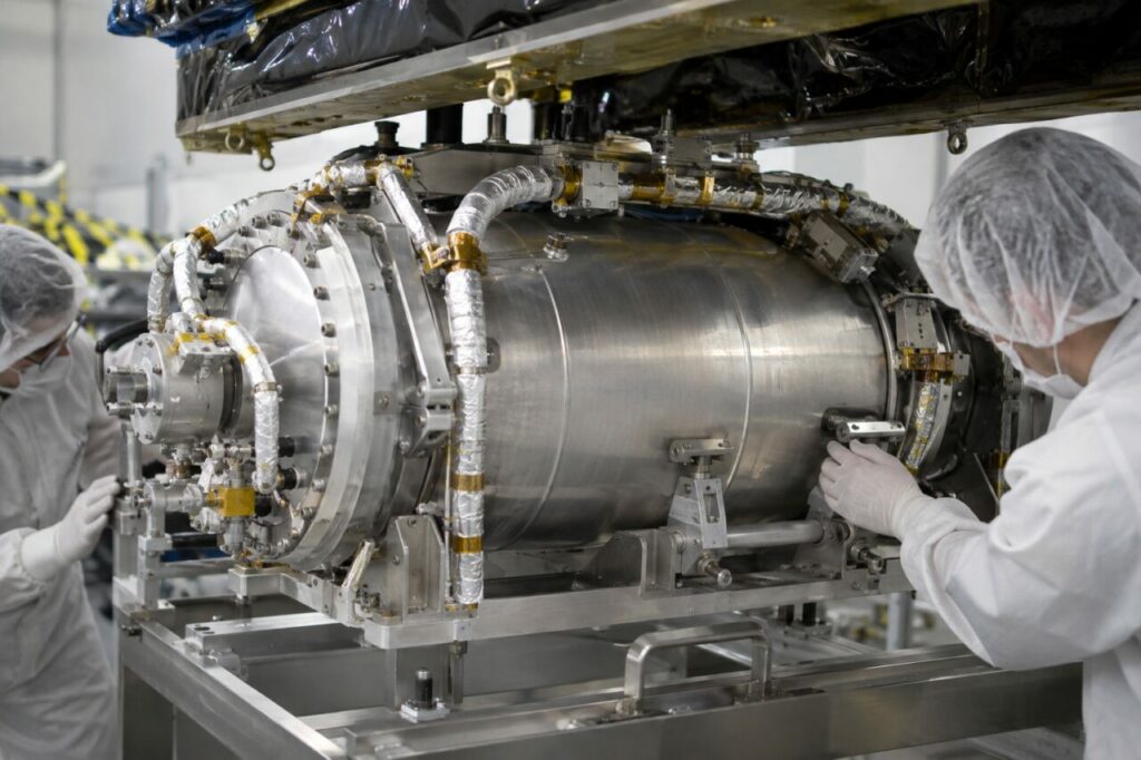Module propulsif installé en salle blanche pour un satellite compact