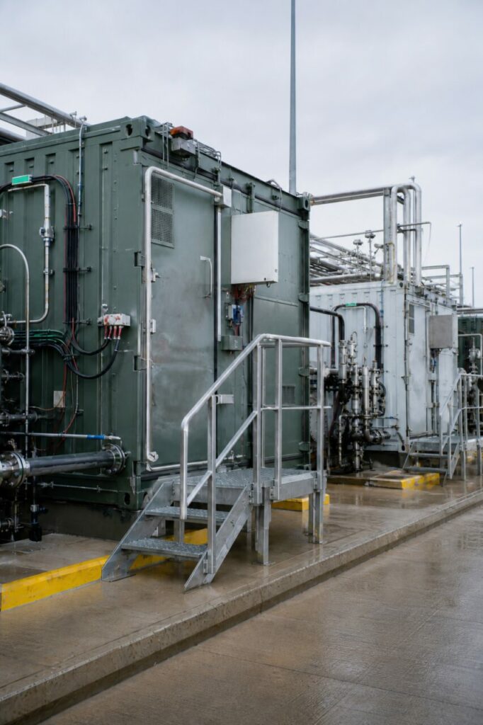 Conteneur hydrogène — conduites inox et coffrets électriques du site