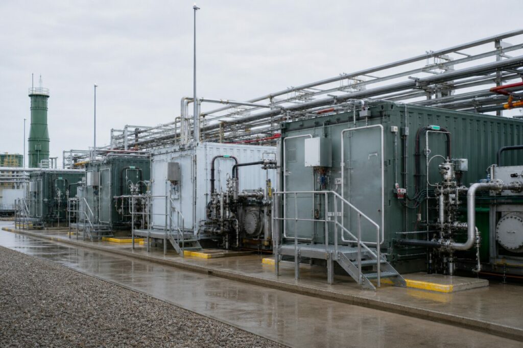 Modules d’électrolyse — rangée conteneurisée sur un site hydrogène