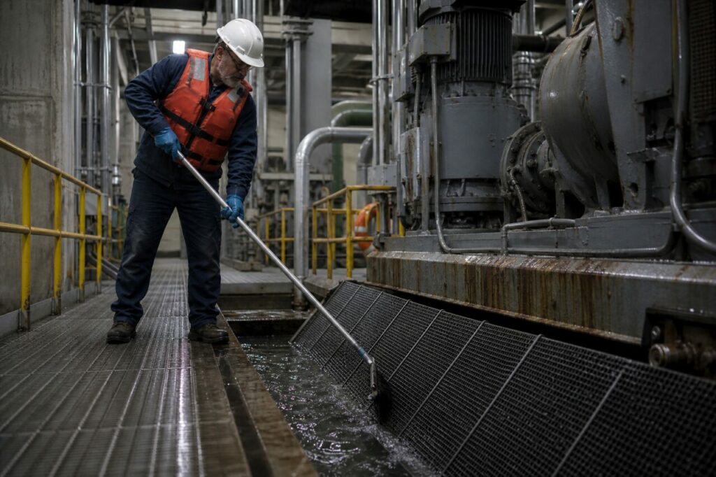 Cleaning an intake screen in the cooling circuit — technician in a vest using a long brush