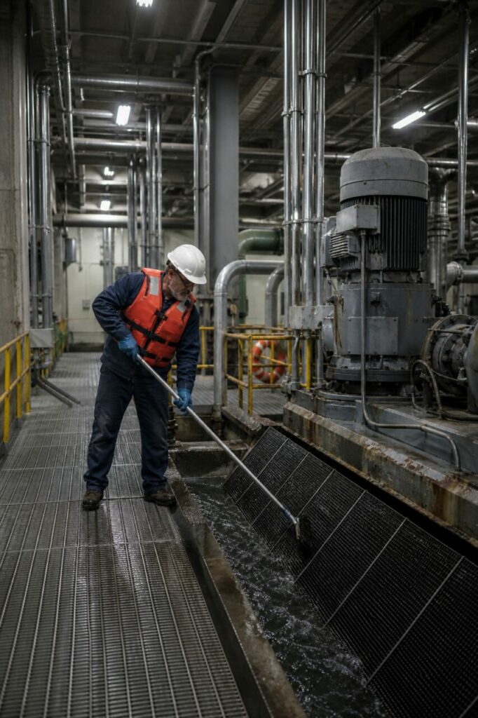 Cleaning an intake screen in the cooling circuit — inclined screen installed in the channel