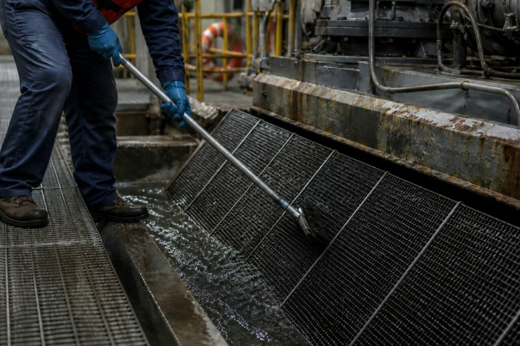 Cleaning an intake screen in the cooling circuit — flowing water before a pump row