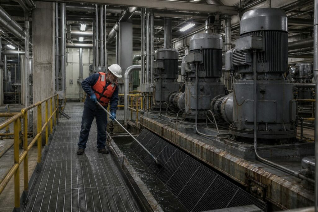 Cleaning an intake screen in the cooling circuit — debris removed from the screen