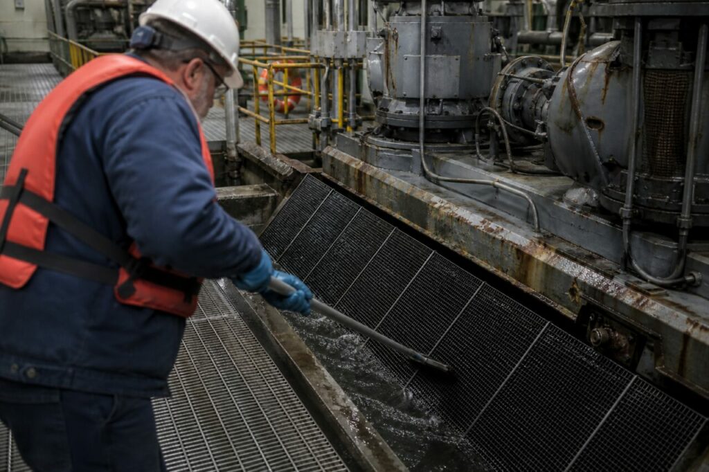 Cleaning an intake screen in the cooling circuit — cooling-water circuit visible
