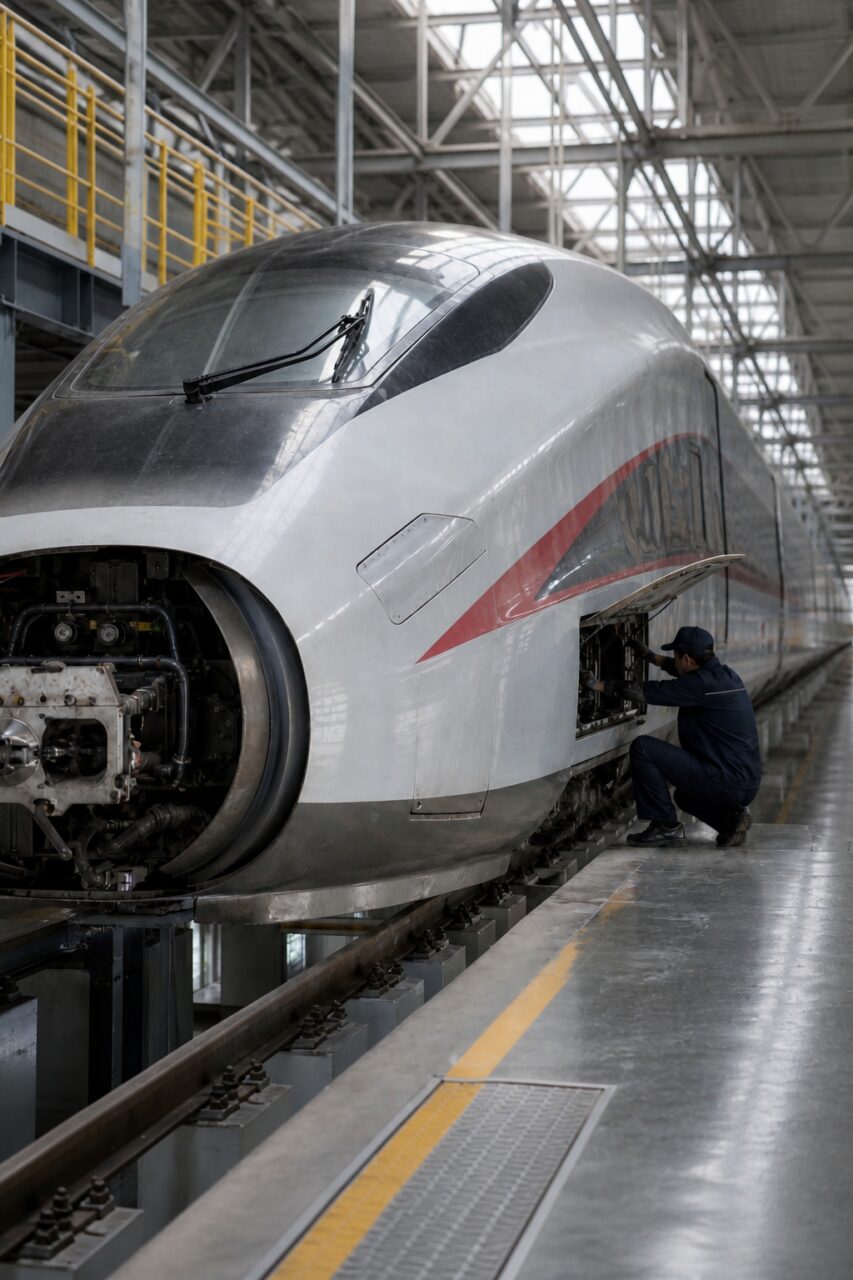 Train à grande vitesse dans un dépôt de maintenance — Nez blanc entre les structures