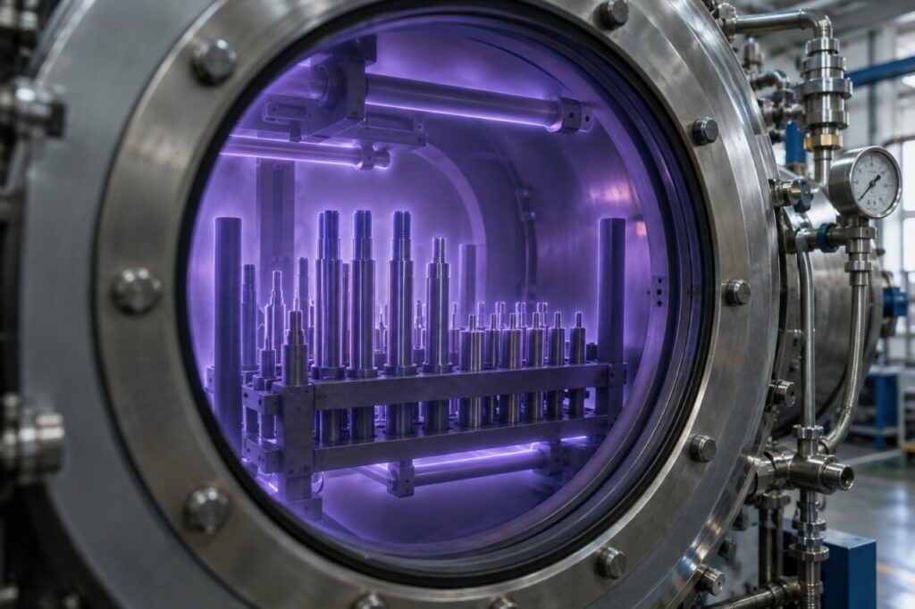 Axes acier — nitrocarburation plasma ionique sur rack cathodique
