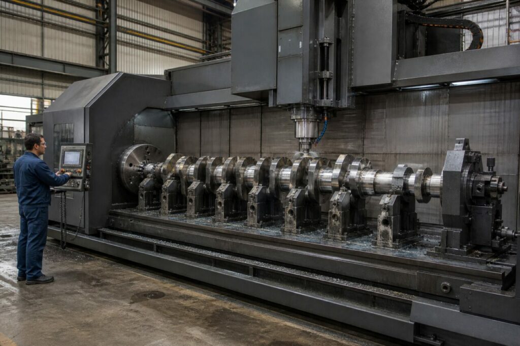 CNC crankshaft milling center — Operator in front of a crankshaft milling center with multipoint clamping