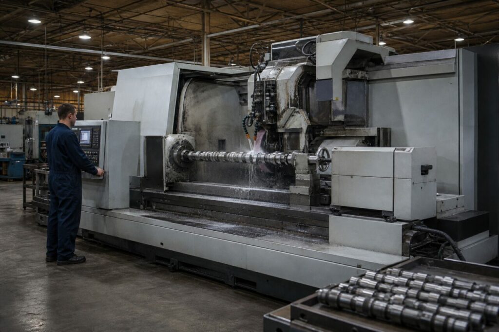 Operator in front of an industrial camshaft grinding center