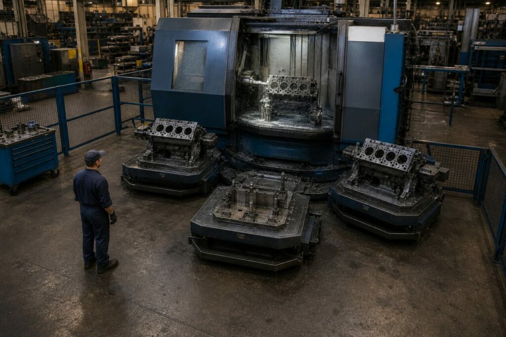 Operator in front of a four-pallet horizontal machining cell