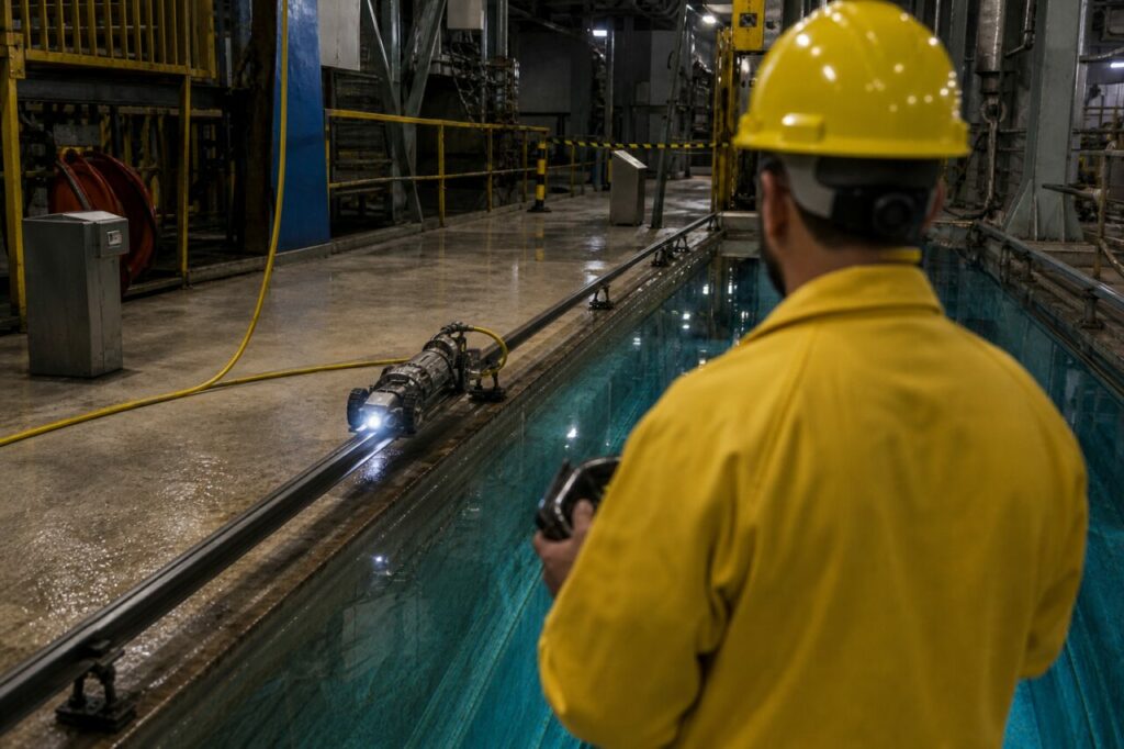 Opérateur guidant un robot crawler sur rail au-dessus du bassin industriel