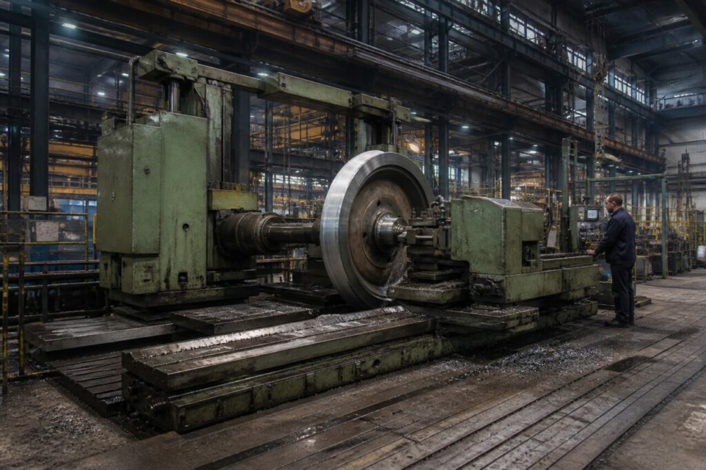Railway wheel lathe — Technician inspecting the wheel on its machine bed