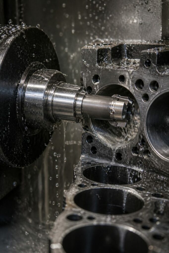 Cutting tool in an engine-block bore with chips and coolant