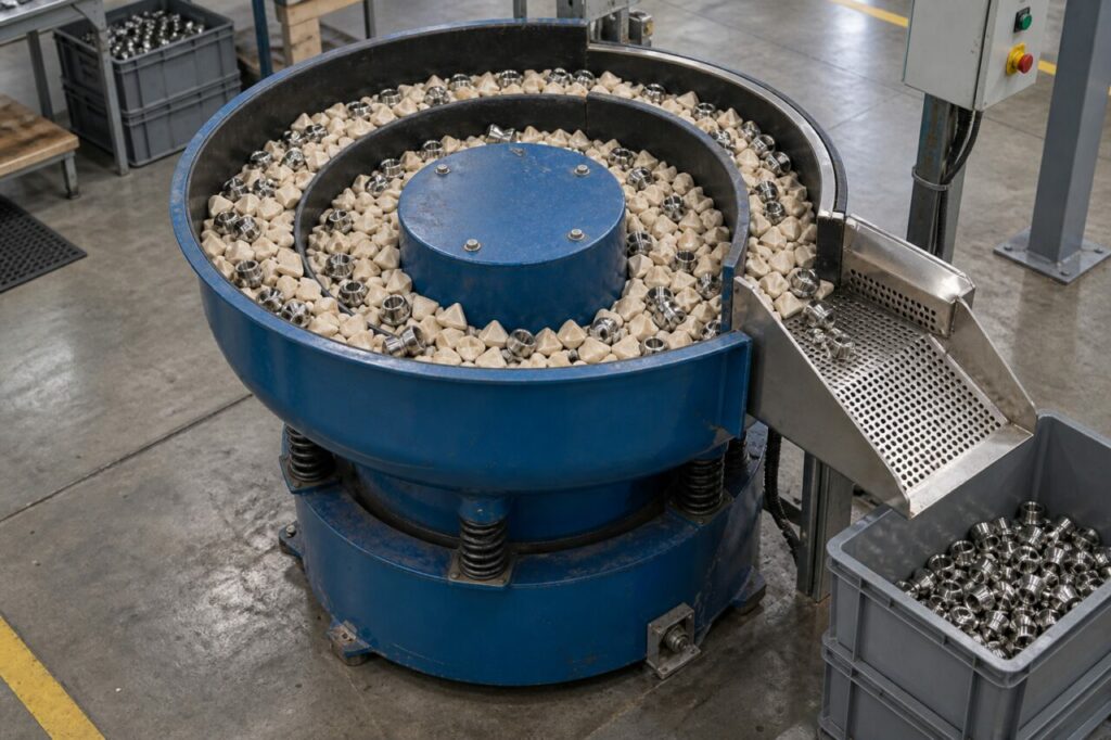 Du centre vers la rampe, parcours circulaire des pièces en tribofinition vibratoire