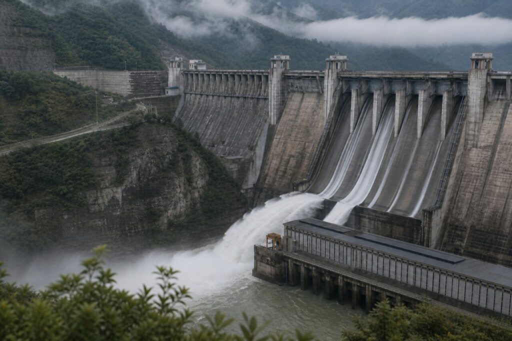 Parement en béton domine la centrale hydroélectrique de la vallée