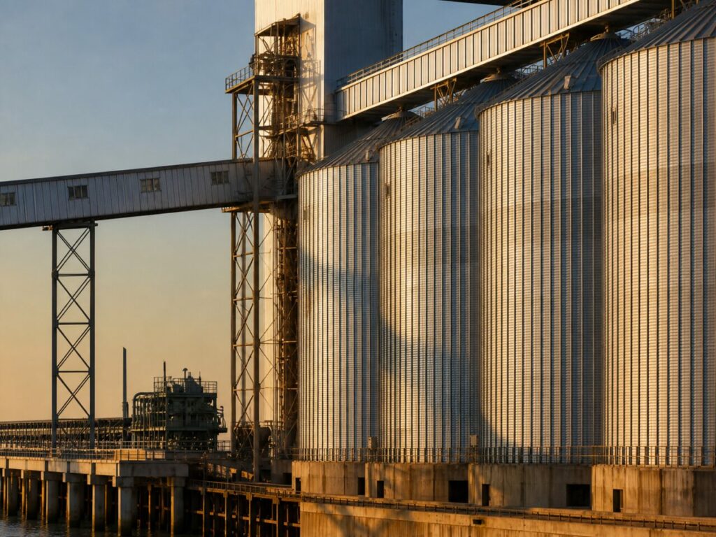 Parois nervurées des silos — passerelles de transfert dans le terminal