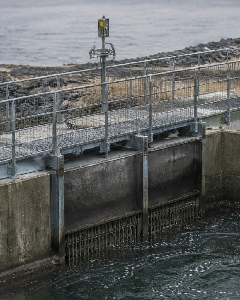 Passerelle grillagée franchissant les organes du canal