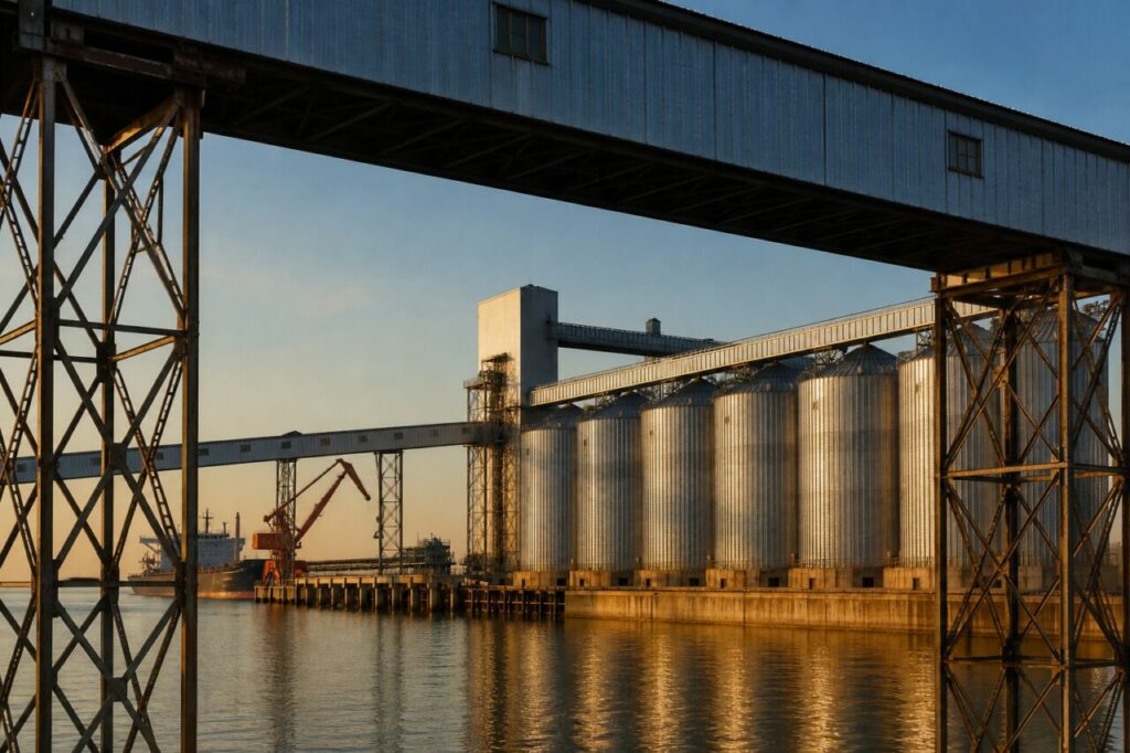 Laufstege am Getreideterminal — Zugang zwischen Silos und Wasserbecken