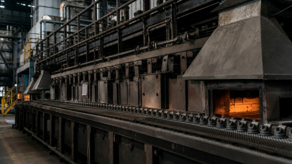 Small parts aligned before a continuous sintering furnace entrance