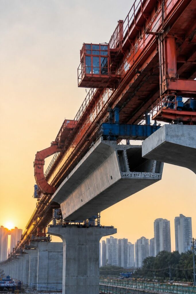 Stahlgerät und Betonpfeiler des Viadukts — Sonnenbeschienene Pfeiler