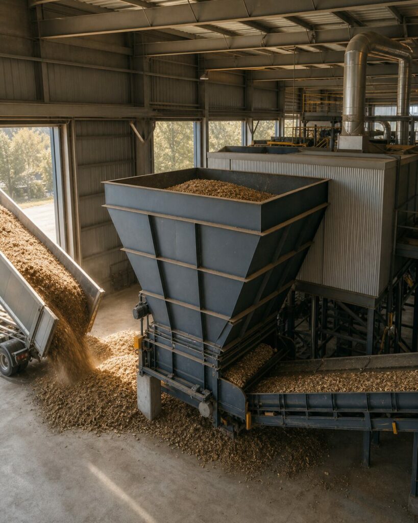 Plaquettes de bois alimentant la trémie de réception