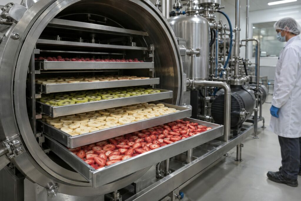 Plateaux de fruits en séchage sous vide dans une installation alimentaire