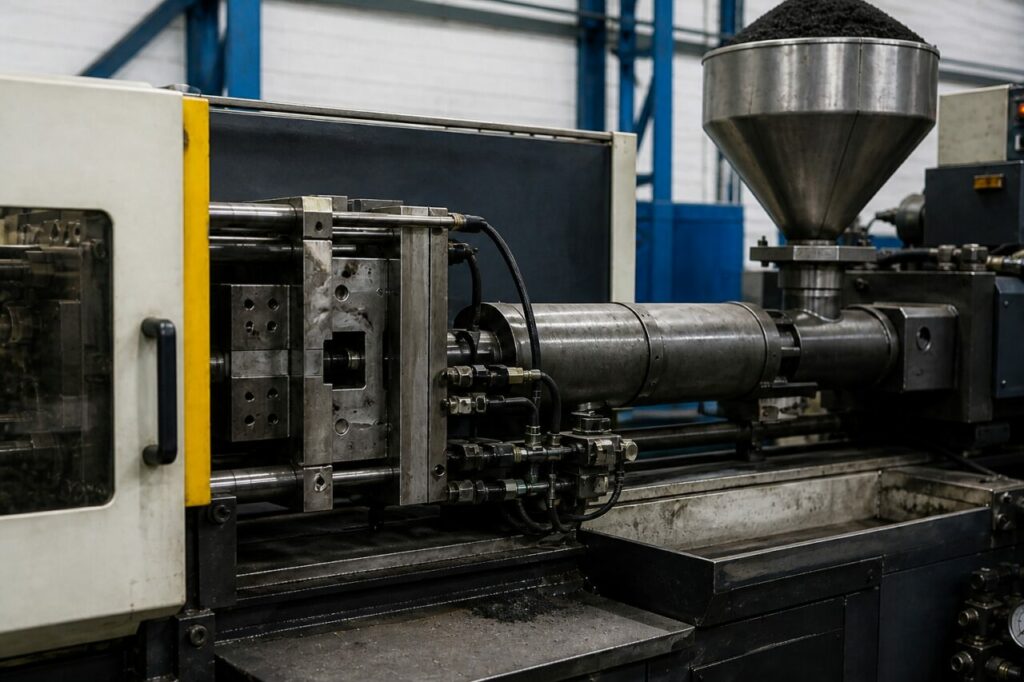 Metal platens and tray beneath the mould on an MIM press