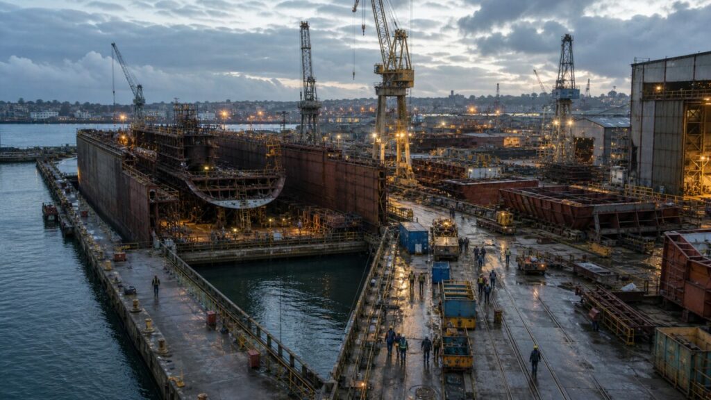 Meerdere scheepsrompen in aanbouw bezetten het werfdok